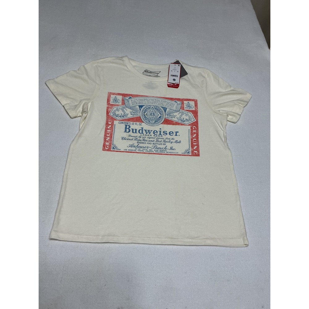 NWT Budweiser Womens Small T Shirt Retro Beer Label Graphic Cream Tee S